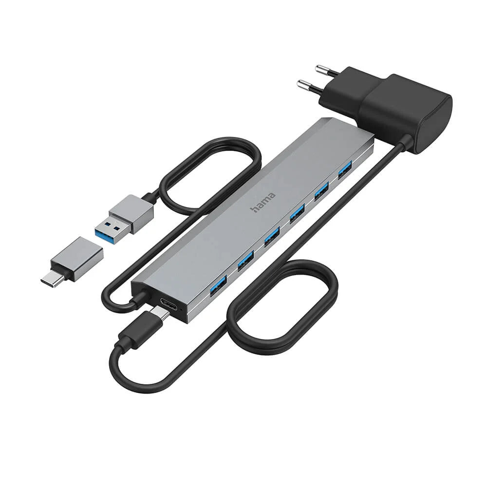 Hama USB-Hubb 7 portar med USB-C-adapter Grå