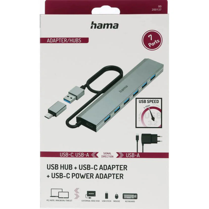 Hama USB-Hubb 7 portar med USB-C-adapter Grå