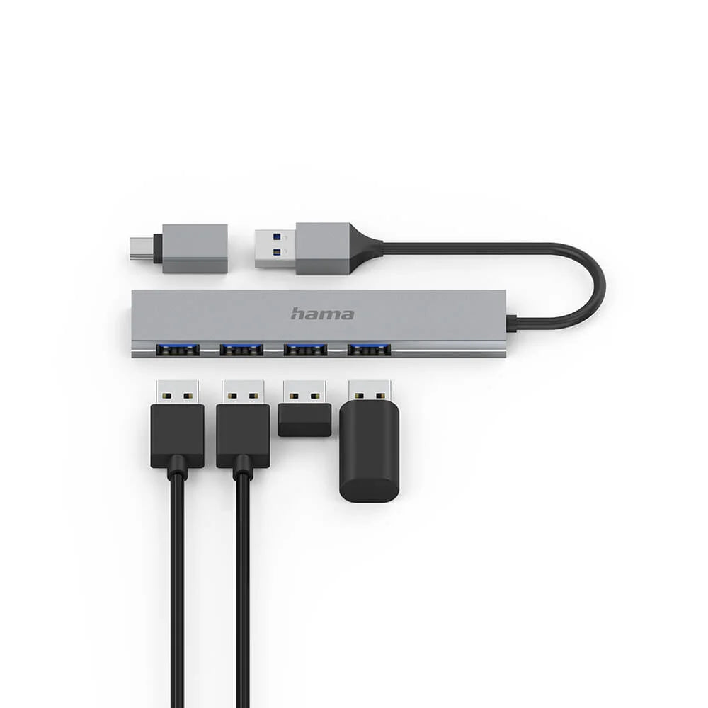 Hama USB-A Hub 3.2 4 portar Grå med USB-C-adapter