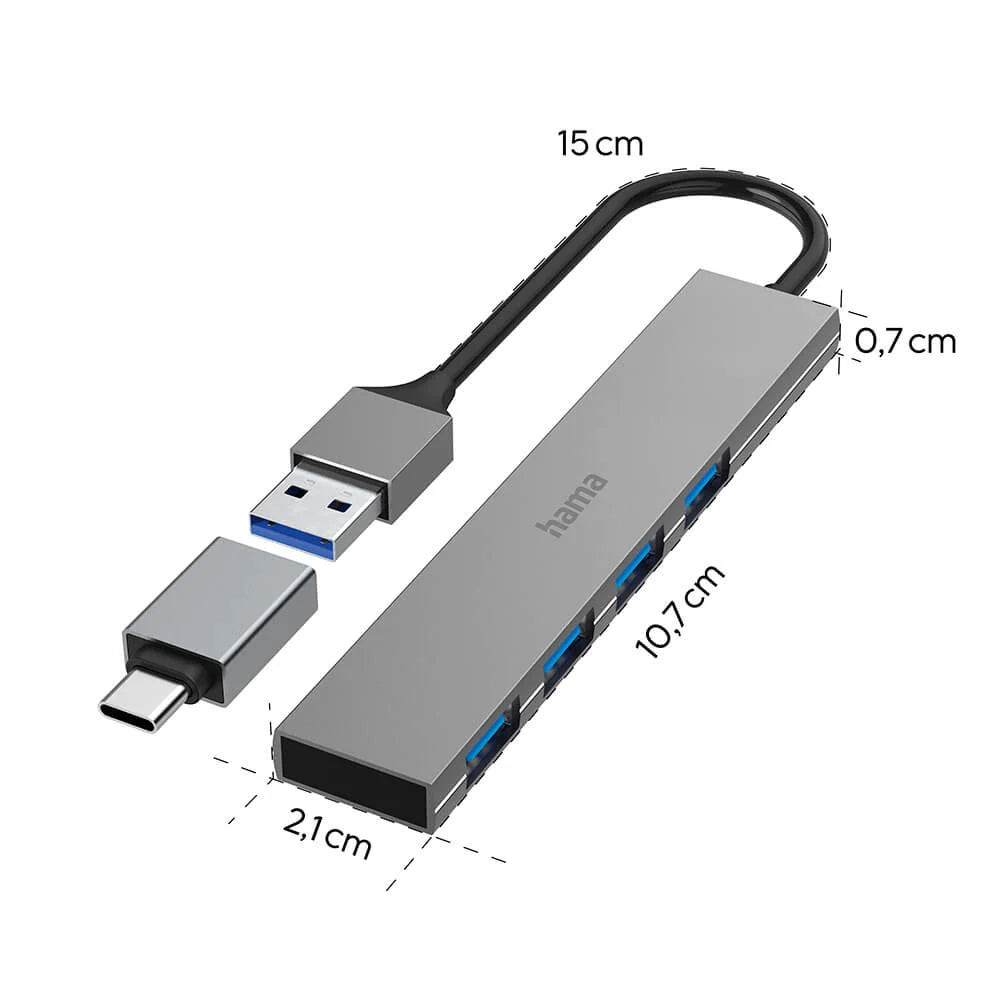 Hama USB-A Hub 3.2 4 portar Grå med USB-C-adapter