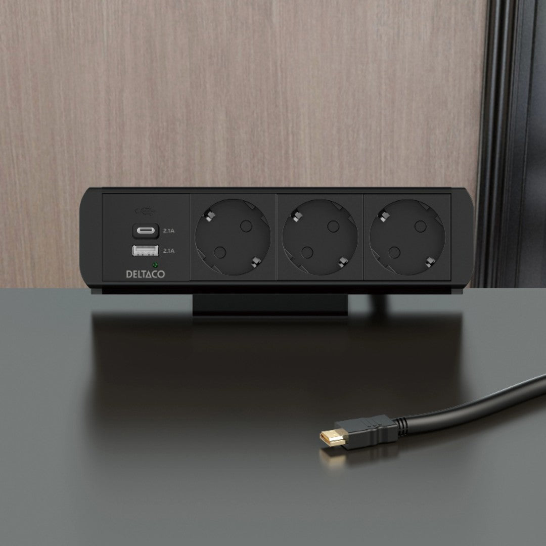 Deltaco På-Bordet-Eluttag 3 Strömuttag med USB-A & USB-C