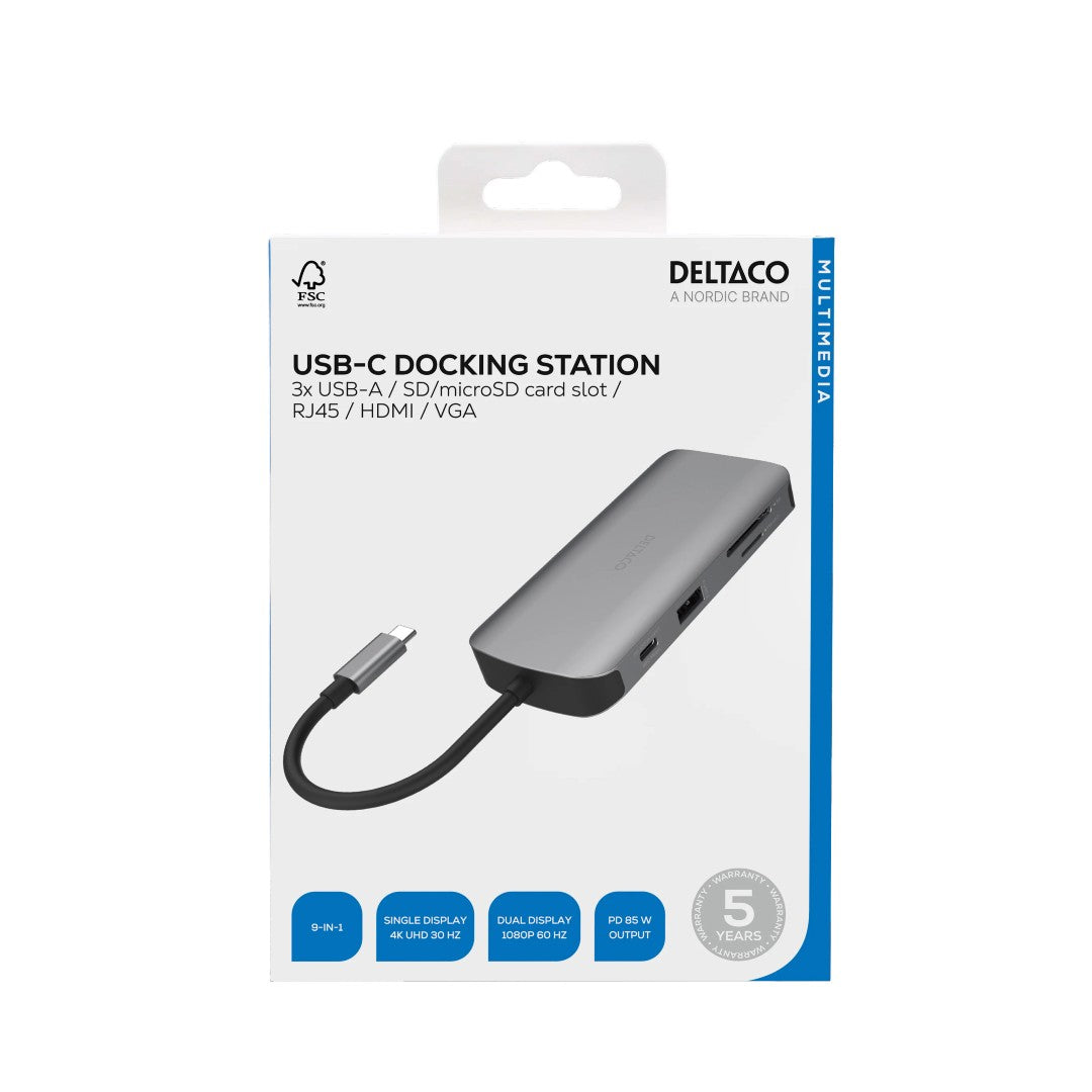 Deltaco USB-C Dockningsstation 9-i-1 85W