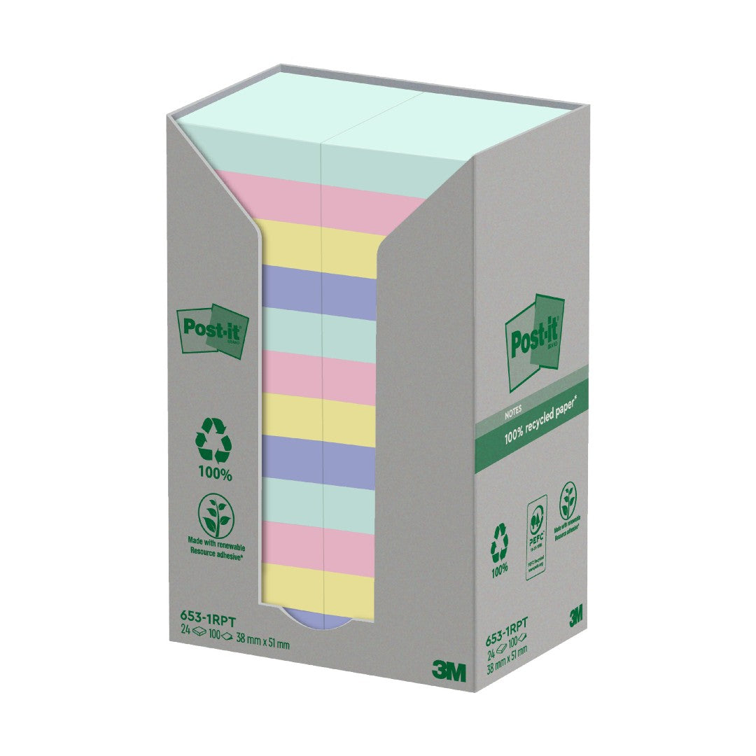 Post-it Notisar 100% Återvunnet 38x51mm Sorterade färger 24/fp