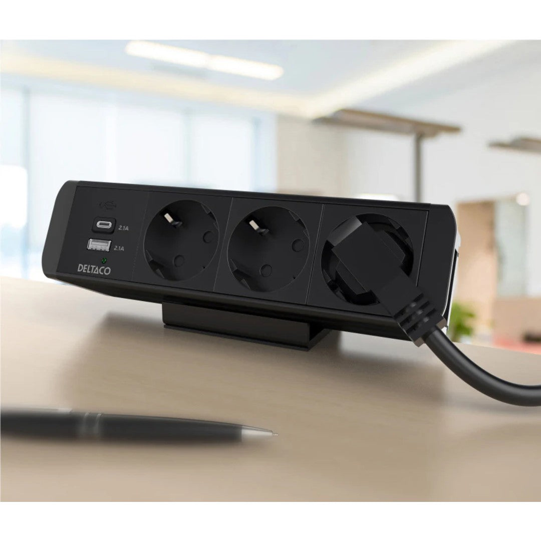 Deltaco På-Bordet-Eluttag 3 Strömuttag med USB-A & USB-C