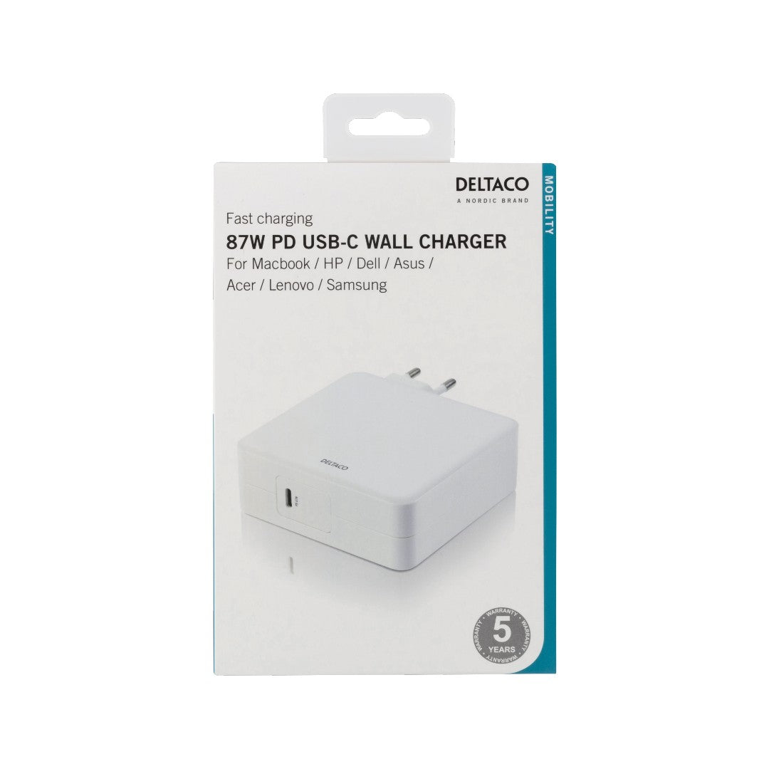 Deltaco USB-C Nätadapter 87W Power Delivery Vit