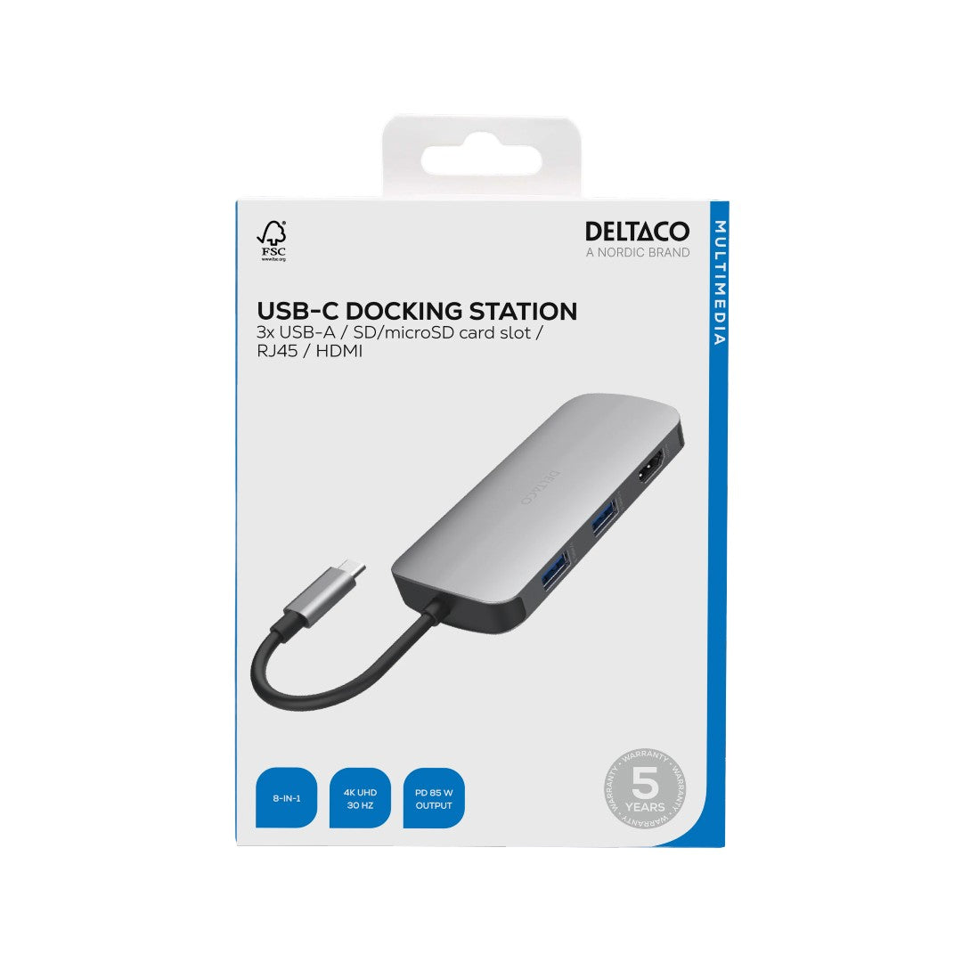 Deltaco USB-C Dockningsstation 8-i-1 85W