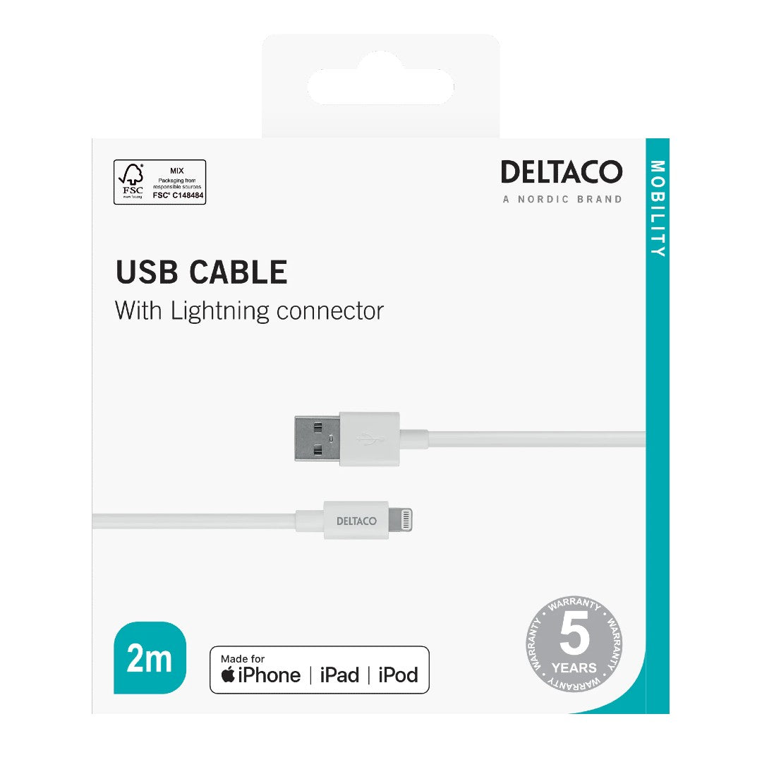 Deltaco USB-A till Lightning-kabel, 2m, vit