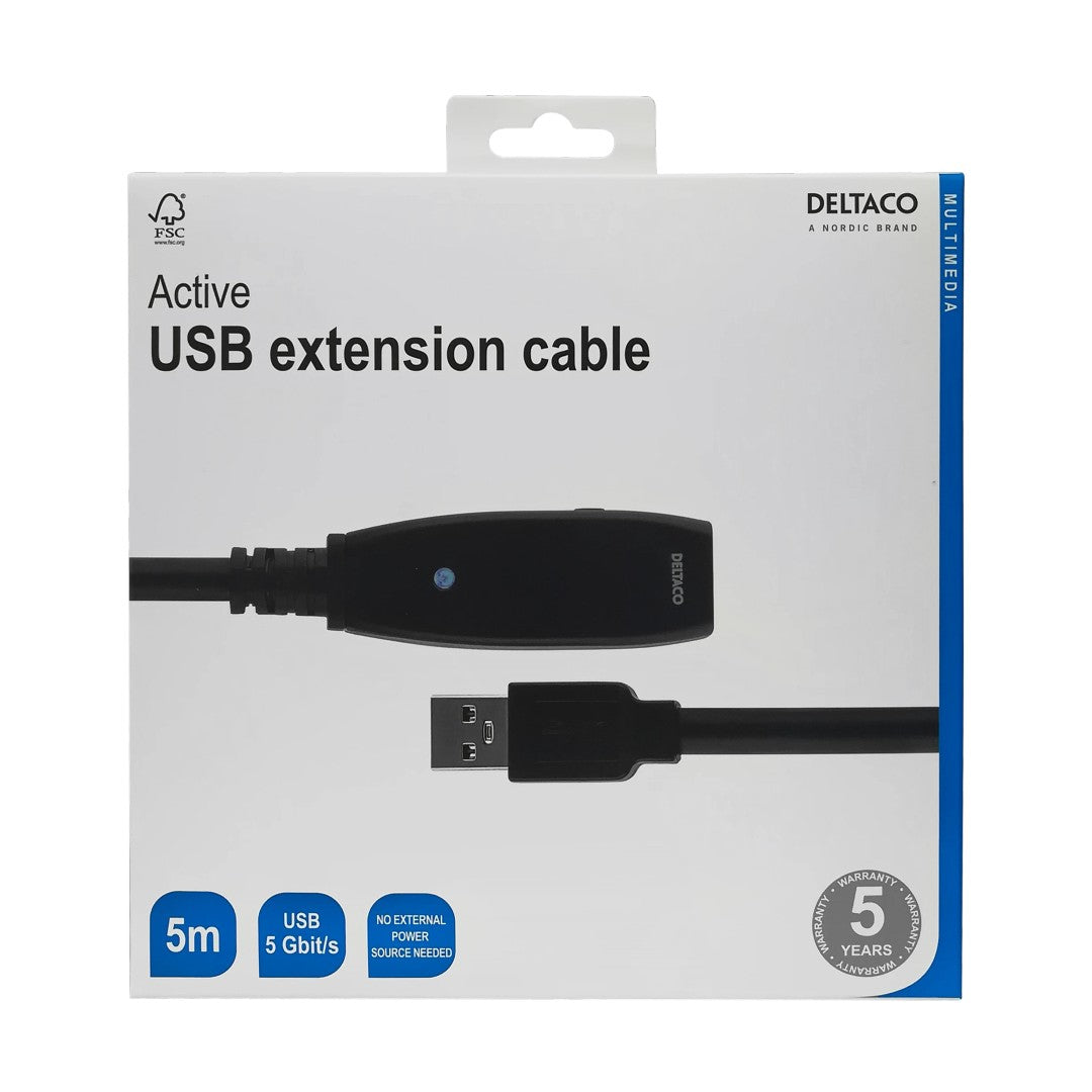 Deltaco USB 3.0 Förlängningskabel Aktiv 5m Svart