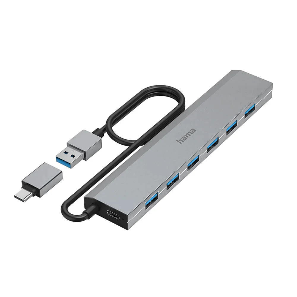 Hama USB-Hubb 7 portar med USB-C-adapter Grå