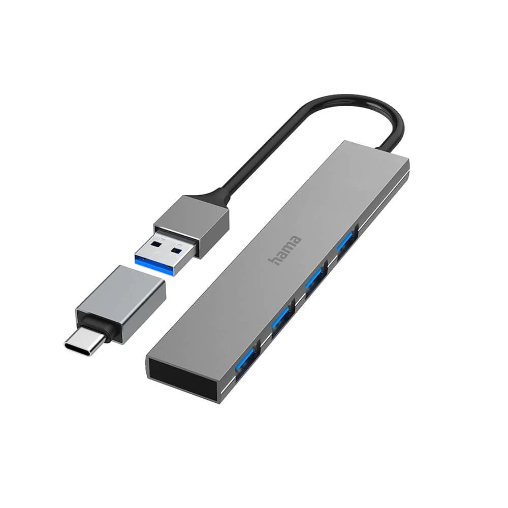 Hama USB-A Hub 3.2 4 portar Grå med USB-C-adapter