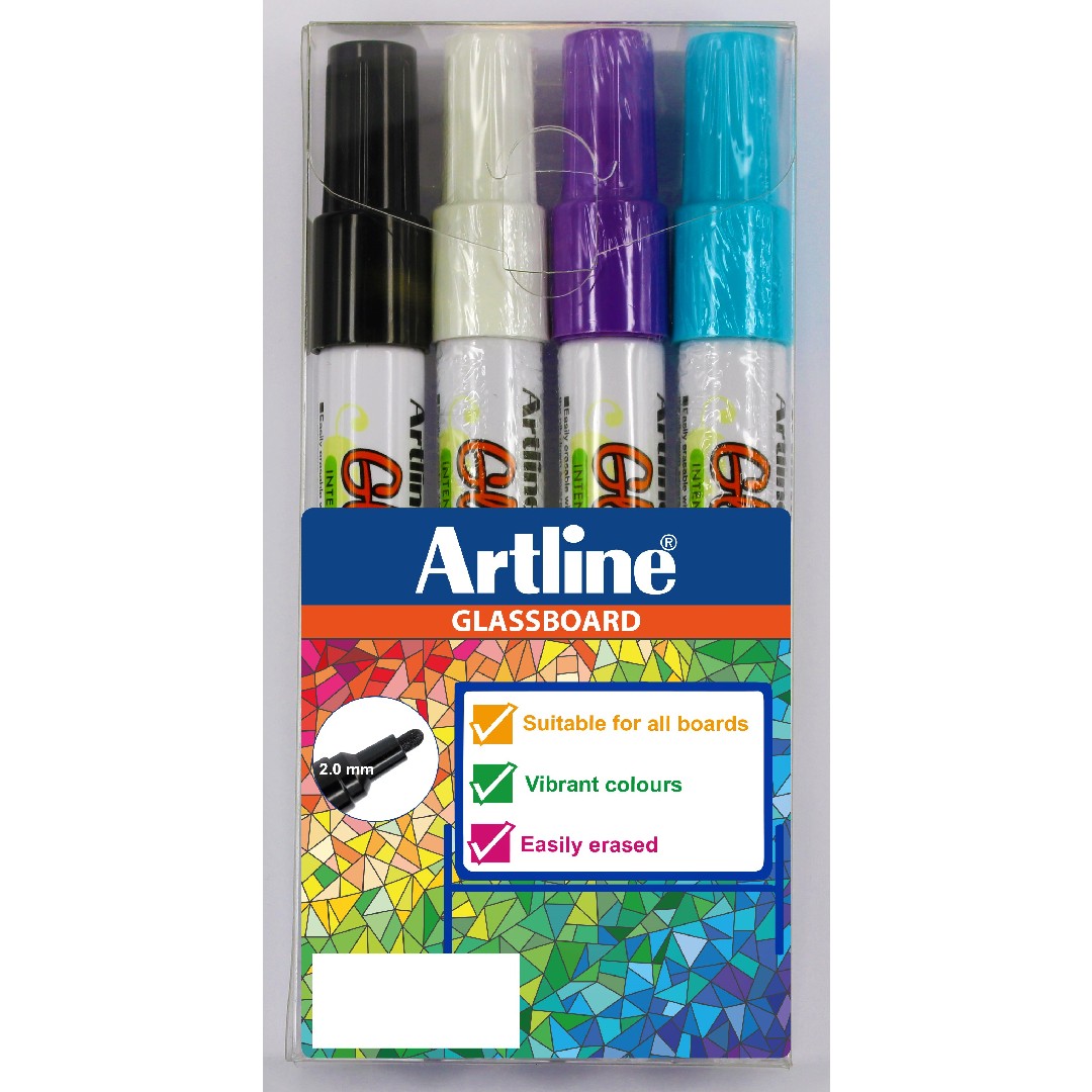 Artline Glassboard Marker 2mm Svart/Blå/Vit/Lila 4/fp