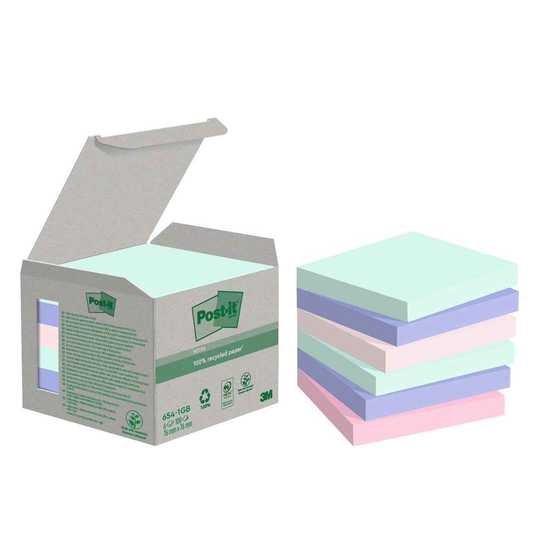 Post-it Recycled Notes 76x76mm Sorterade färger 6/fp