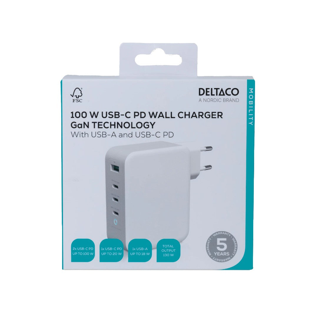 Deltaco Väggladdare USB-A/3xUSB-C 130W GaN