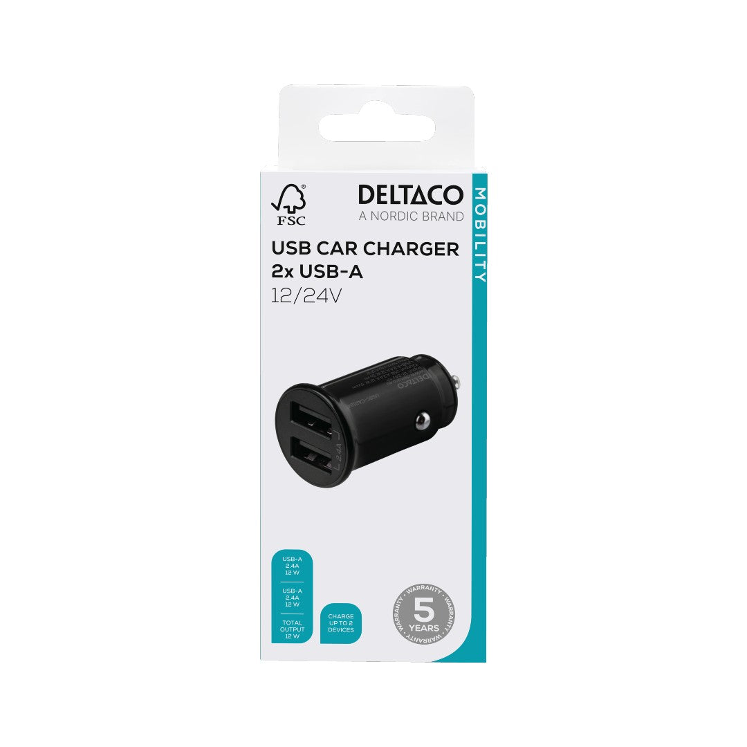Deltaco Billaddare Dubbla USB-A Portar 12W