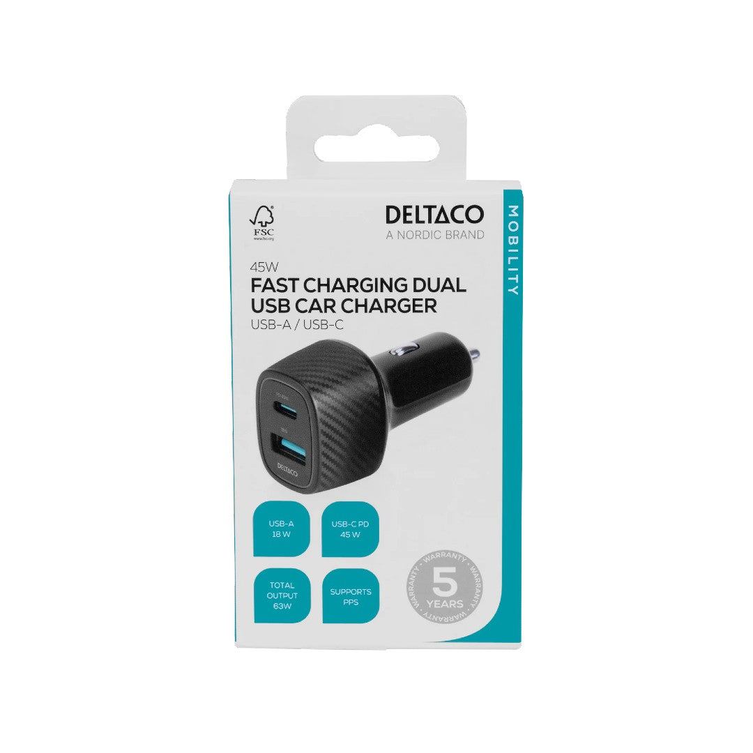Deltaco Billaddare 1x USB-A & 1x USB-C PD 63W