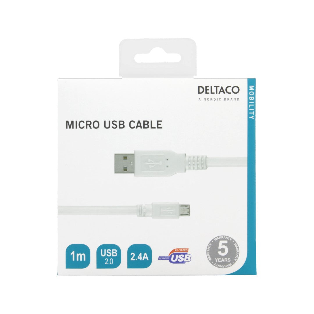 Deltaco Synk-/Laddkabel USB-A till Micro-B 1m Vit