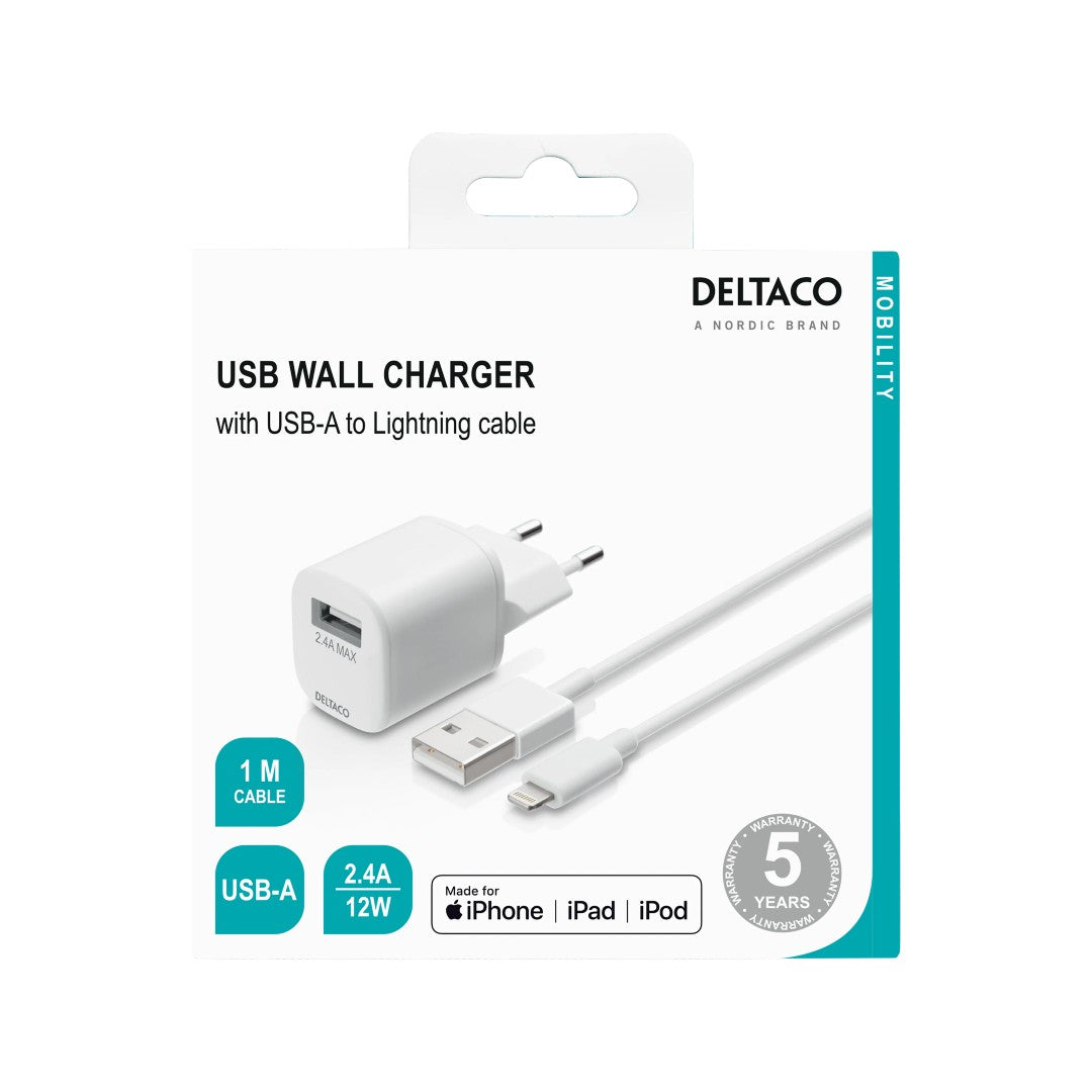 Deltaco Väggladdare USB-A med Lightningkabel 1m