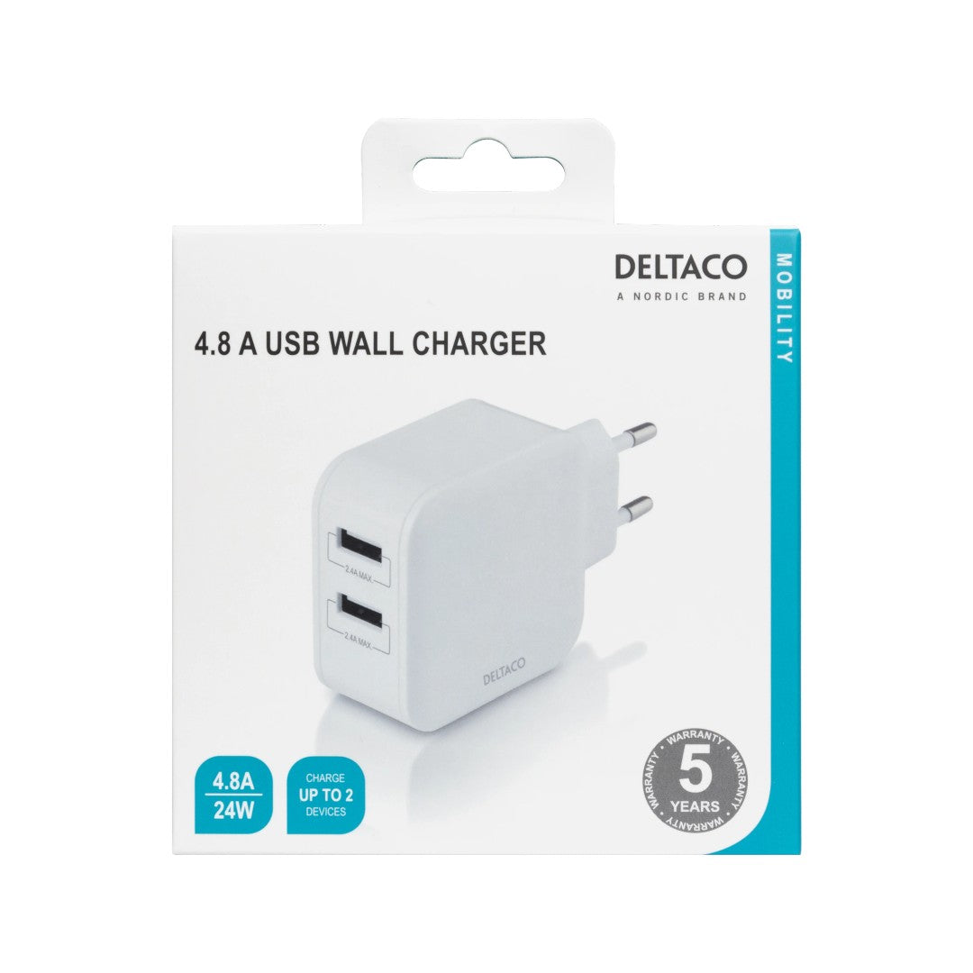 Deltaco Väggladdare 2xUSB-A 24W Vit