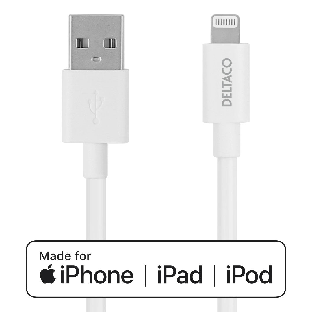 Deltaco USB-A till Lightning-kabel, 2m, vit