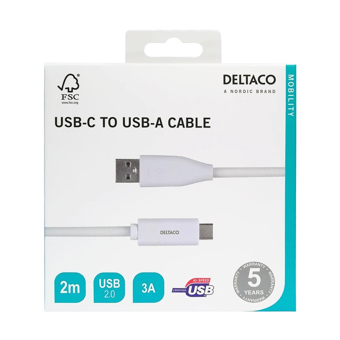 Deltaco USB-C till USB-A Kabel 2.0 2m Vit