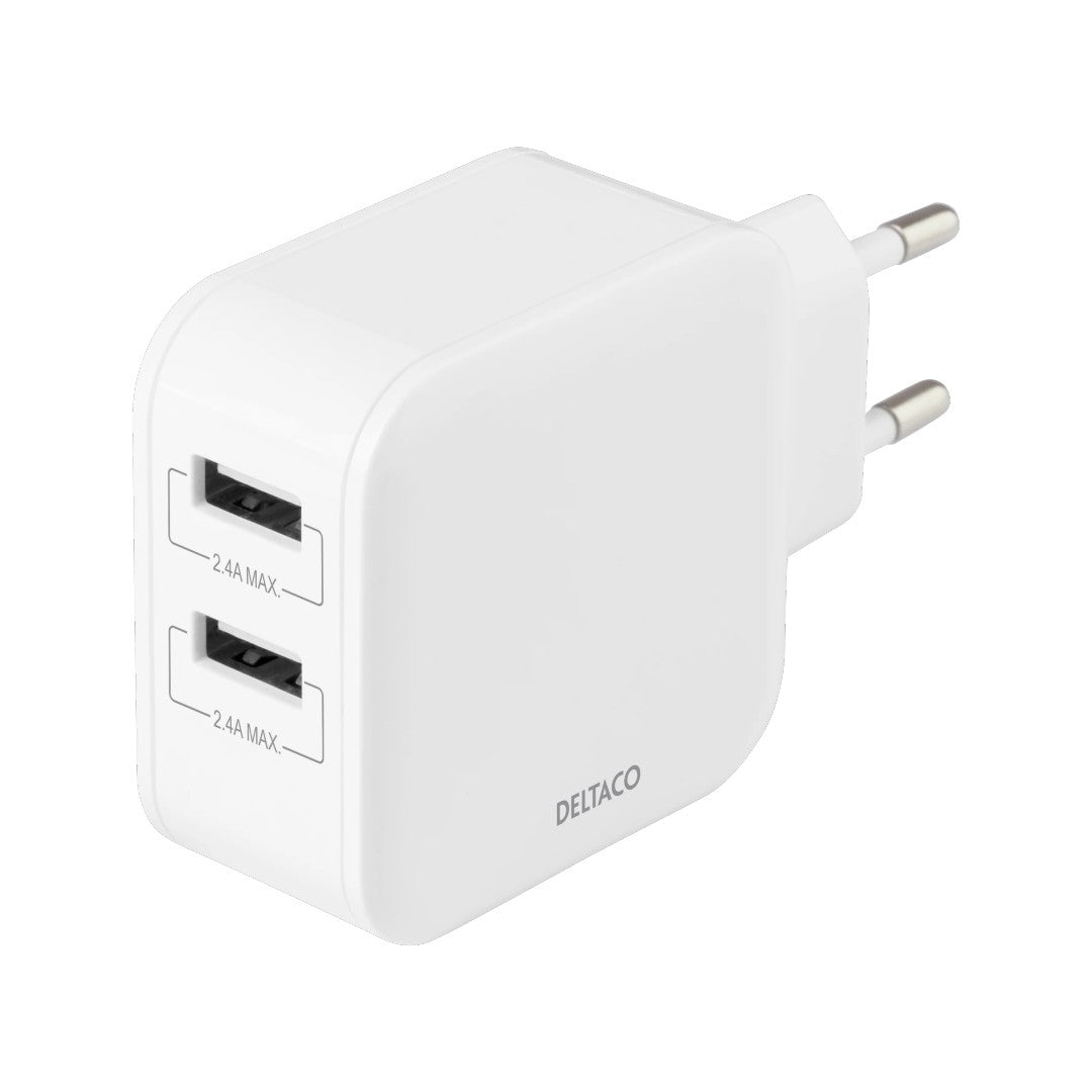 Deltaco Väggladdare 2xUSB-A 24W Vit