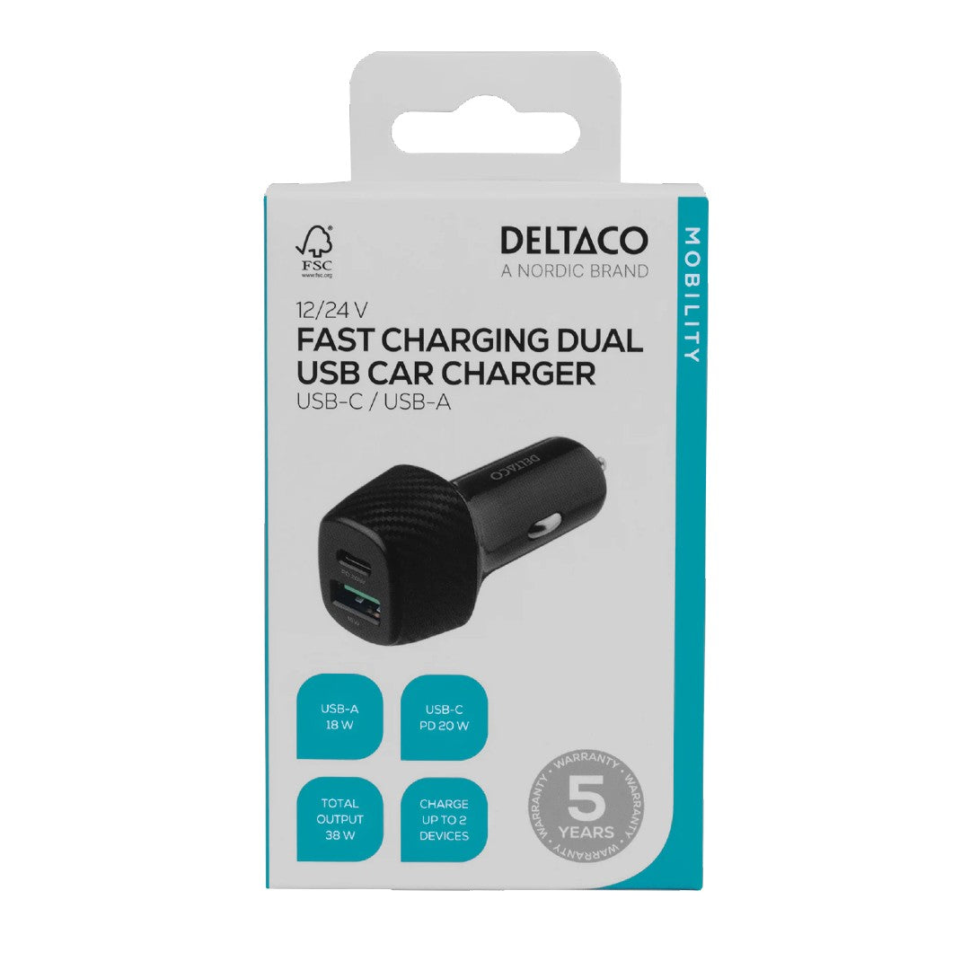 Deltaco Billaddare USB-C och USB-A Portar